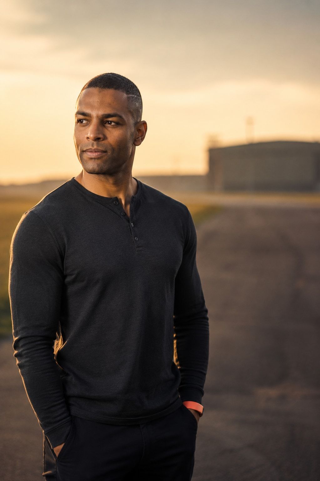 Julio Abad Veria, Sporttherapeut und Sportwissenschaftler, im Drei-Viertel-Profil auf dem Tempelhofer Feld im weichen Morgenlicht.