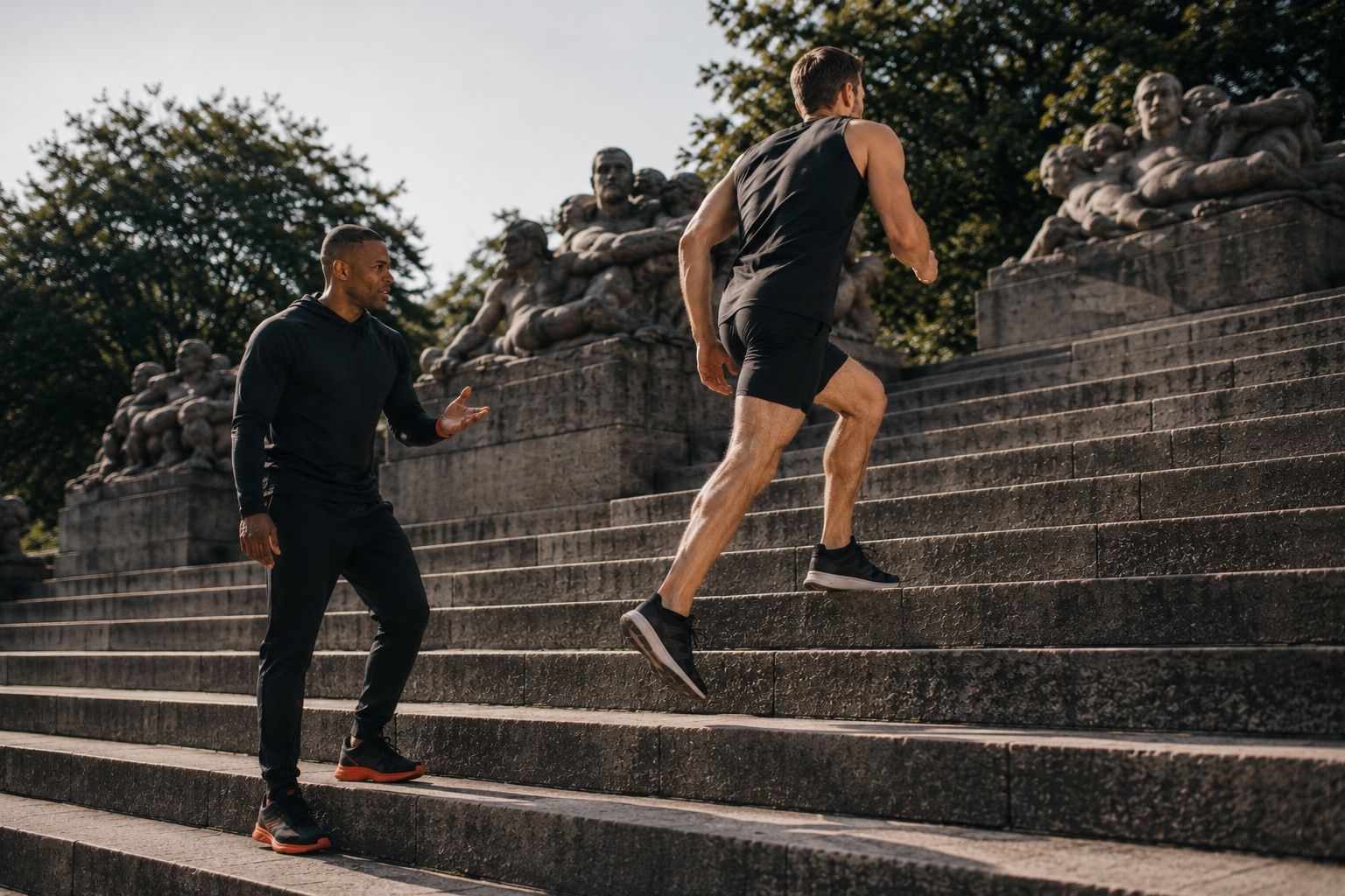Julio Abad Veria und ein Trainierender auf den Stufen am Märchenbrunnen im Volkspark Friedrichshain, Step-Up-Übung im Mittagslicht.