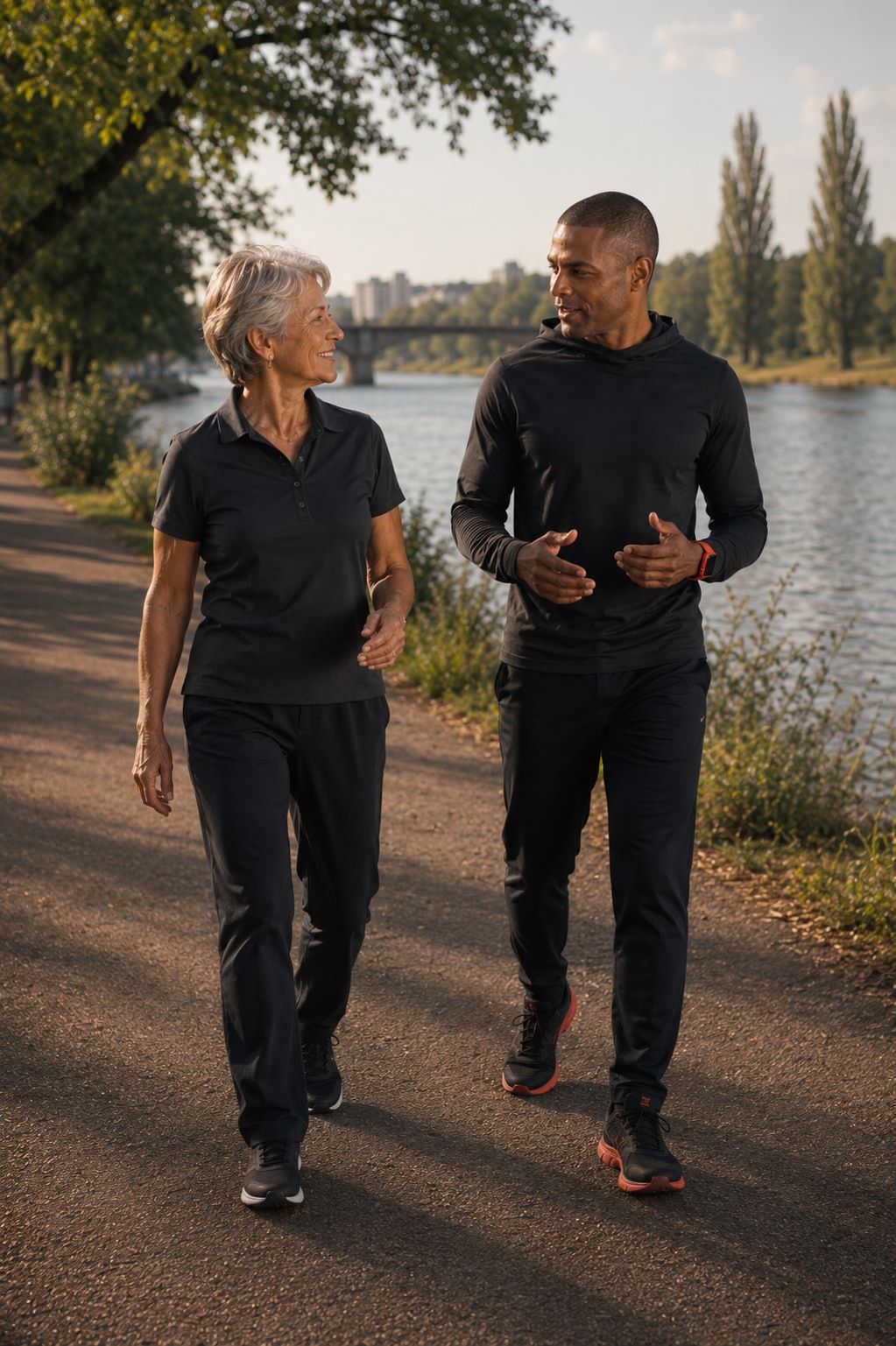 Julio Abad Veria und eine ältere Trainierende im lockeren Walk Seite an Seite entlang der Spree im Treptower Park, im Gespräch.
