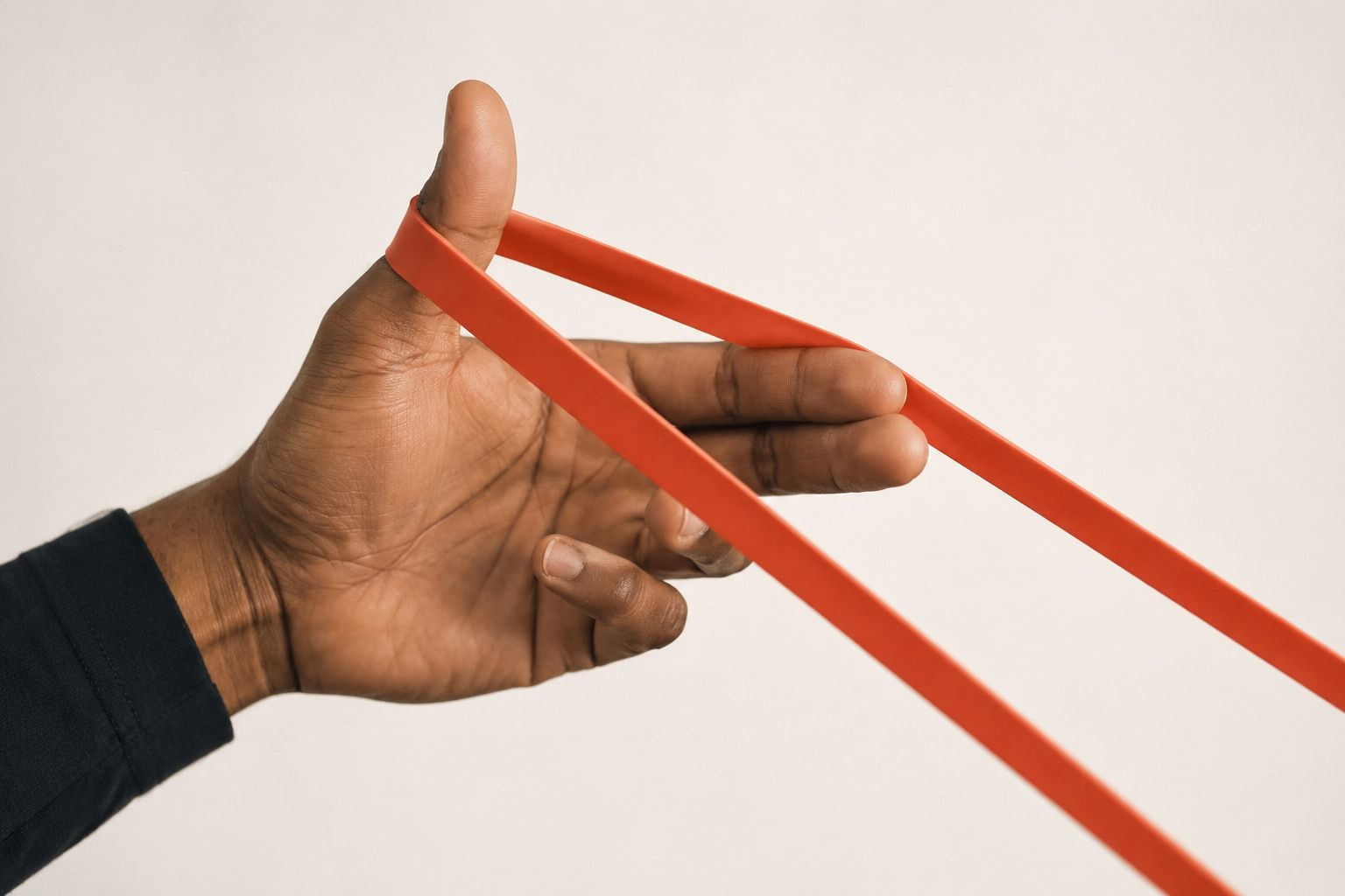 Detail-Aufnahme einer Hand, die ein coralfarbenes Resistance-Band gespannt zwischen den Fingern hält.